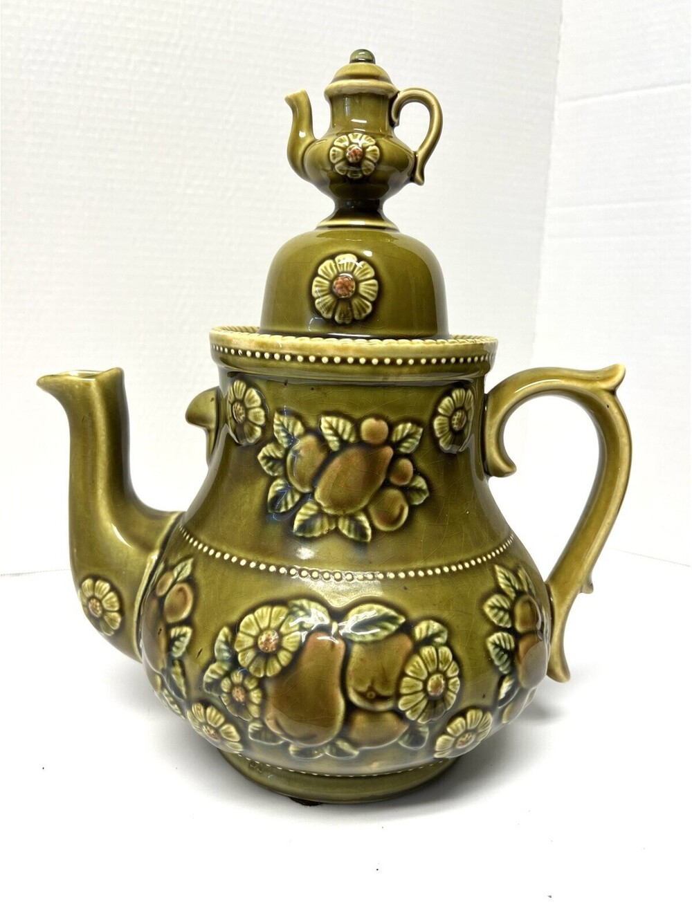 Vintage Apco Japan 60's Retro  MCM Teapot Cookie Jar Canister Olive Green
